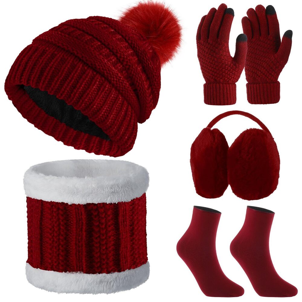 1768 5 Pieces Winter Ski Outing Set, Knit Hat Scarf Gloves Earmuffs